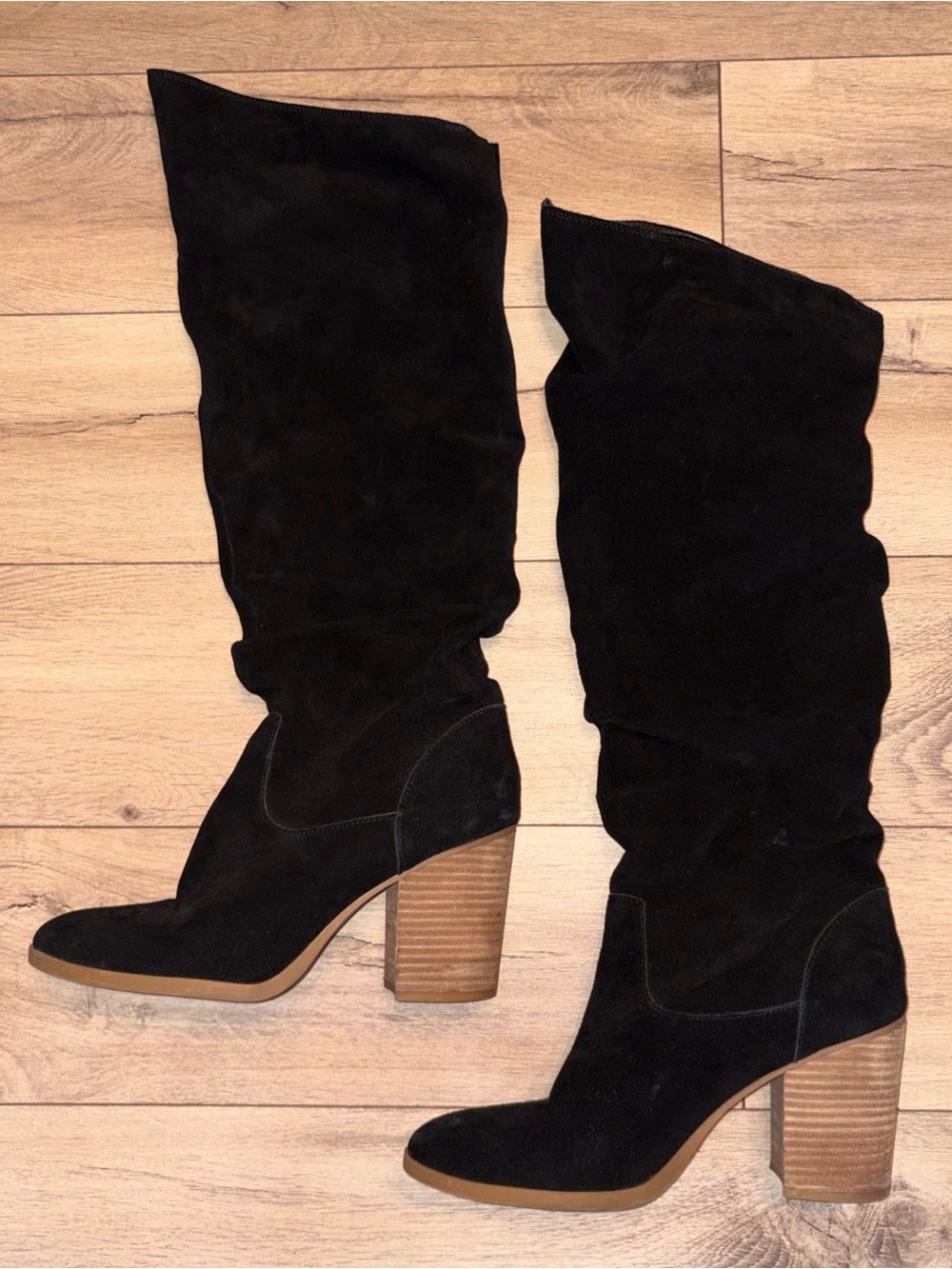 Nine West Black Suede Knee High Boots Pointed Toe Block Heel Sz 11 Fall Sexy